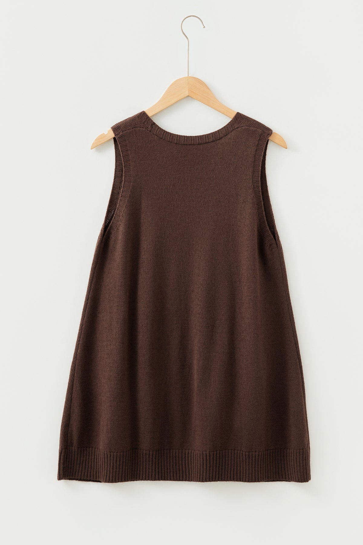 Dark Brown Ribbed Deep V Neckline Front Pocketed Tunic Sweater Vest