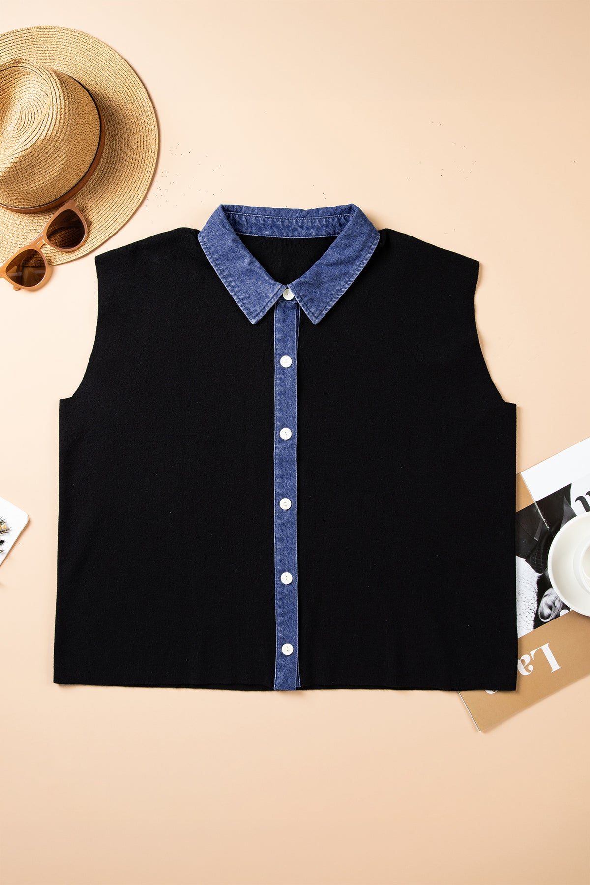 Black Plus Size Sleeveless Patchwork Color-Block V-Neck Tunic Top Cardigan