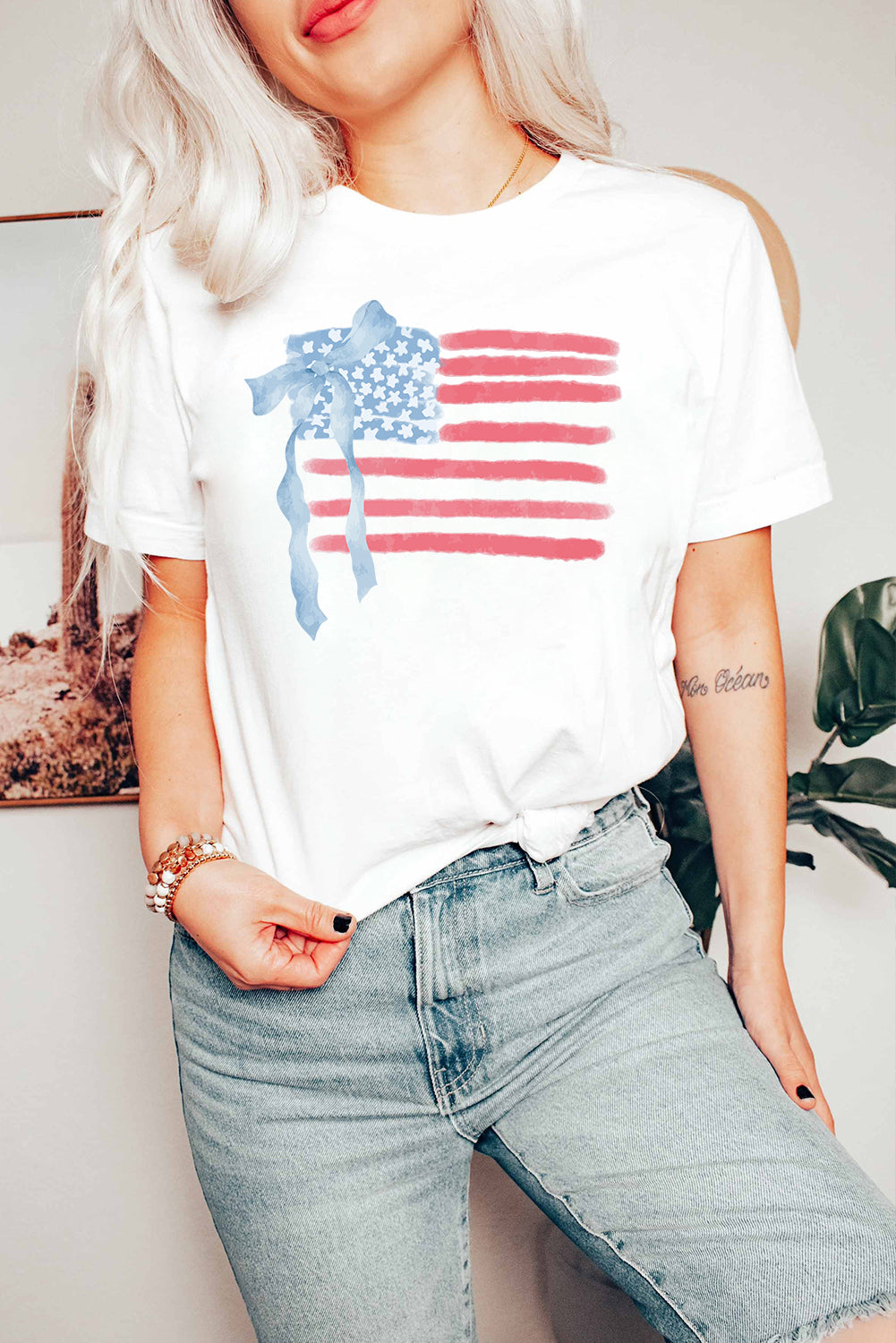 White American Flag Bow Knot Print Crew Neck T-Shirt