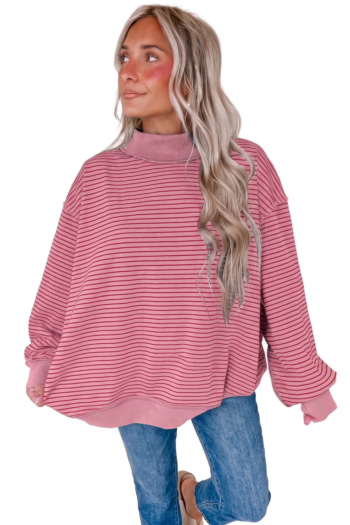 Khaki Stripe Ribbed Mock Neck Oversized Sweatshirt