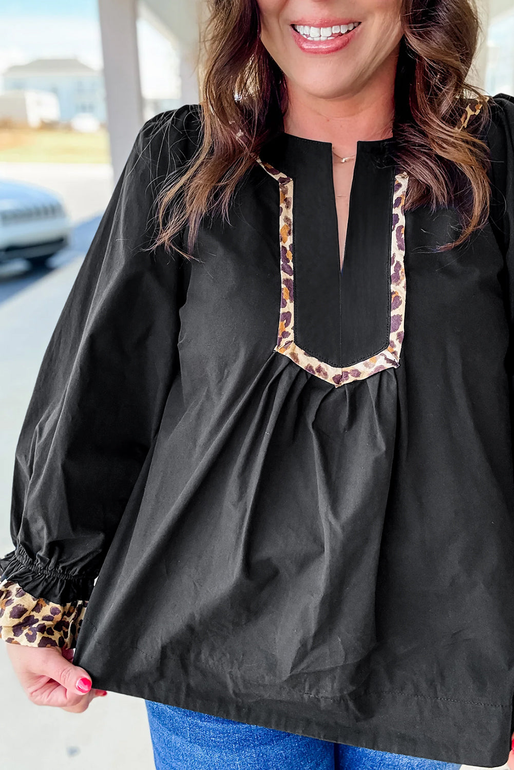 Black Plus Size Split-Neck Leopard Trim Flounced Long-Sleeve Blouse