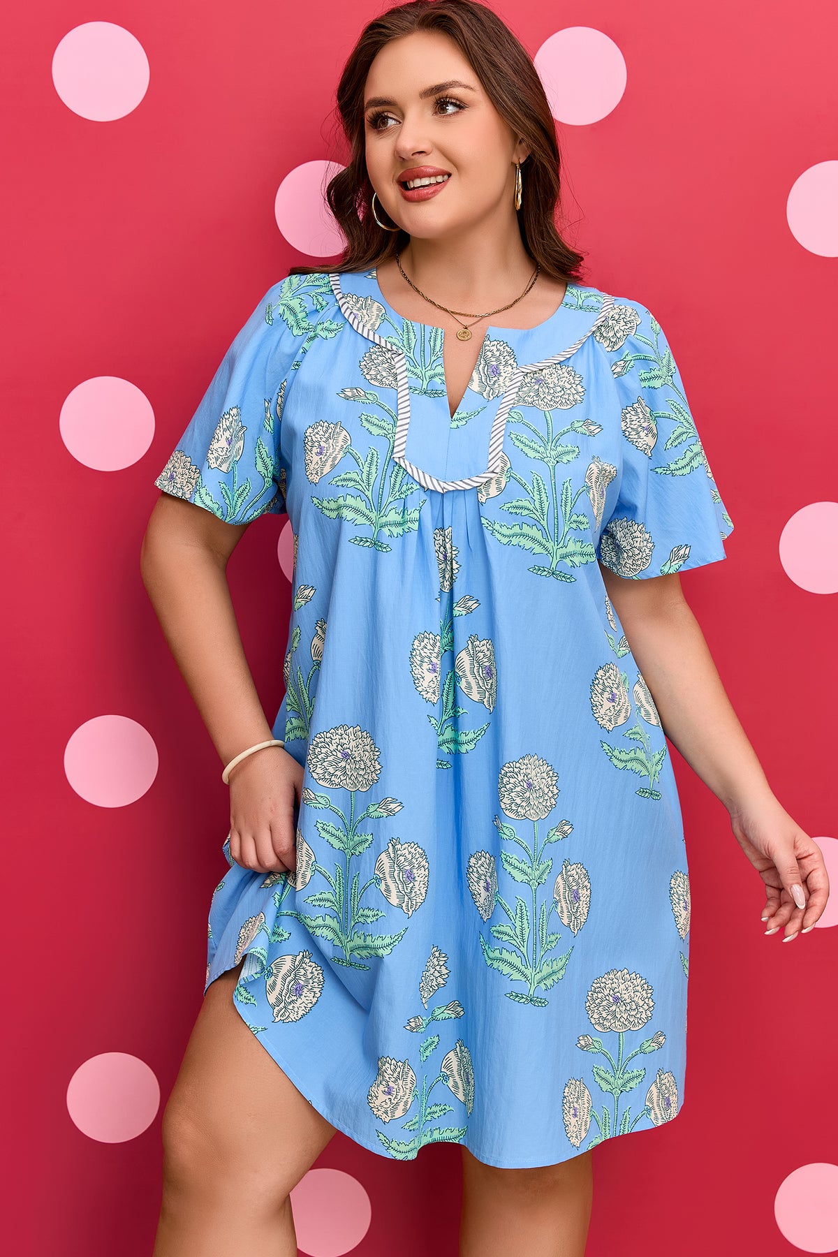 Sky Blue Plus Periwinkle Floral Printed Short-Sleeve Striped Trim Split Neck Mini Dress