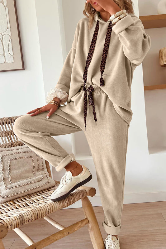 Parchment Leopard Drawstring Hoodie and High Waist Pants Corduroy Suit