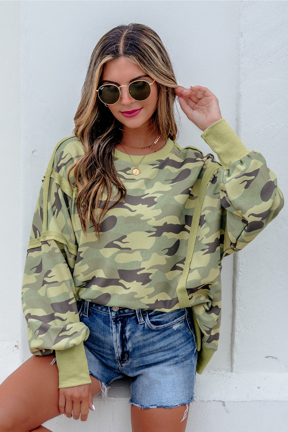 Green Camouflage Waffle Knit Raw Edge Trim Oversized Top