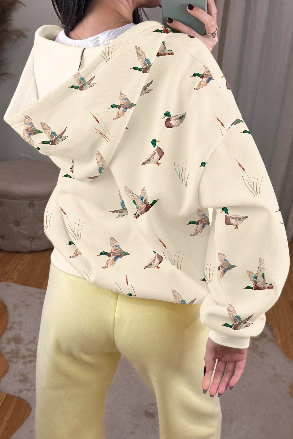 Beige Duck Print Zip Up Hoodie