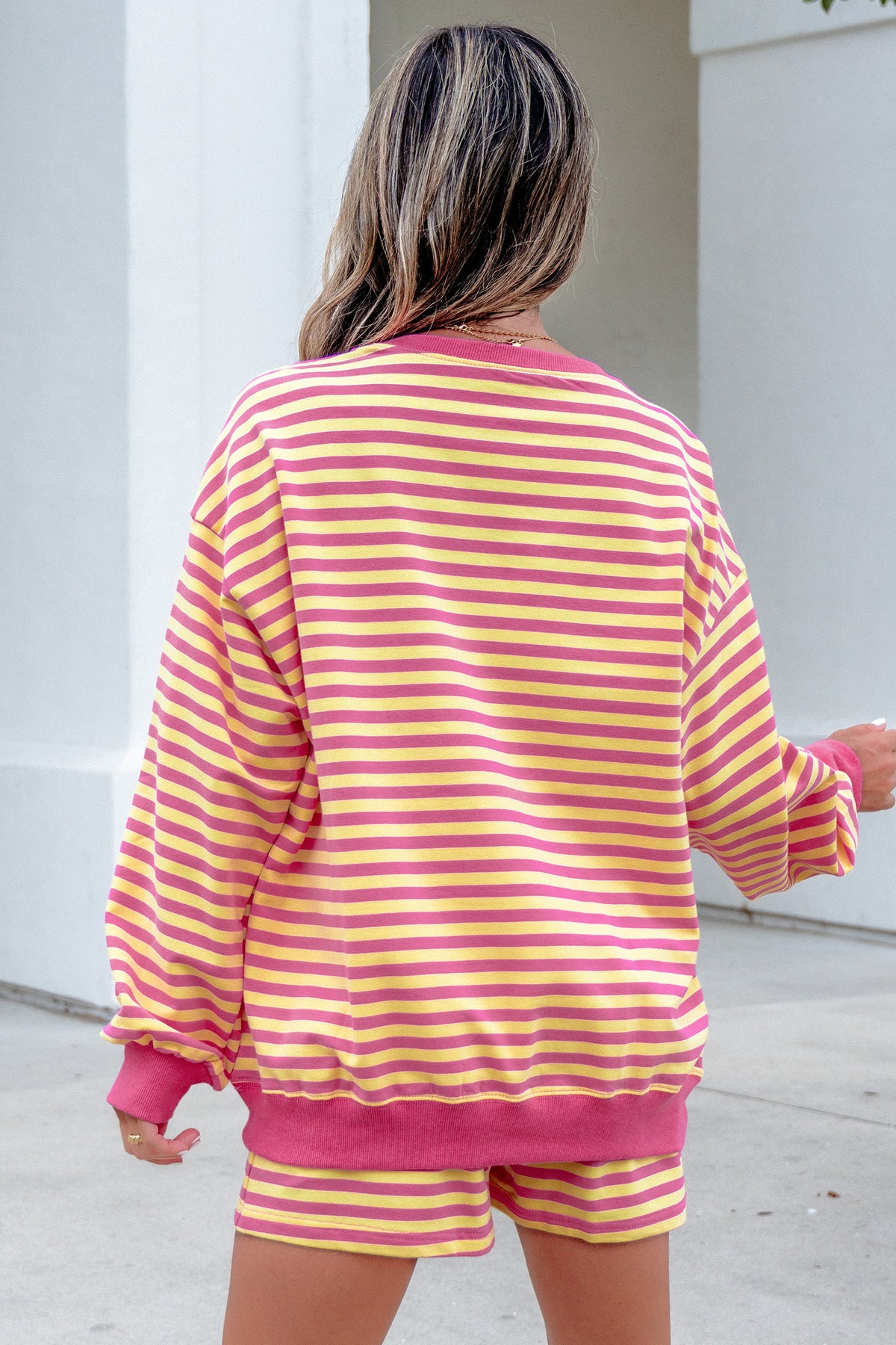 Women's Yellow Stripe Color Block Trim Round Neck Long-Sleeve Top Casual Shorts Two-Piece Set
