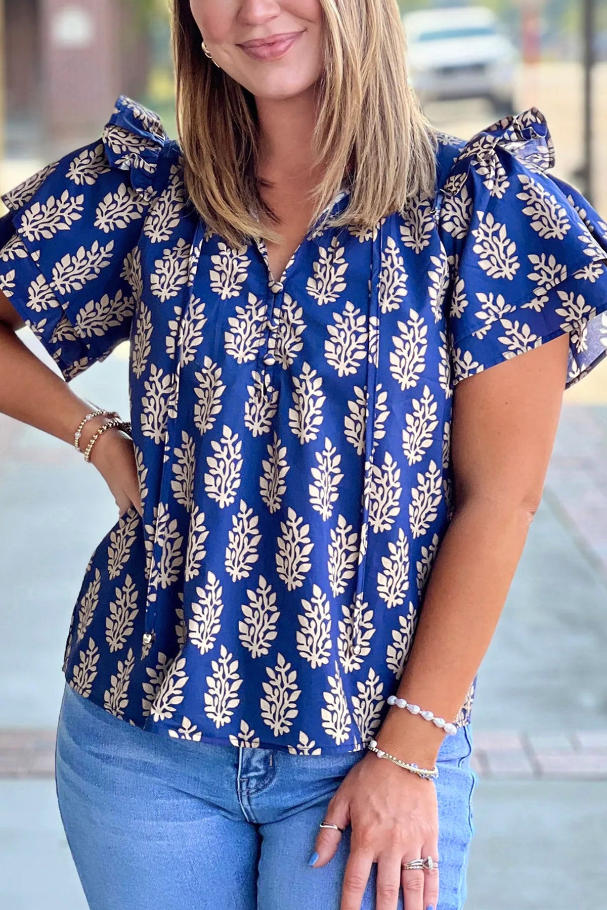 Blue Plus Size Botanical Print Tie V-Neck Ruffle Short-Sleeve Blouse