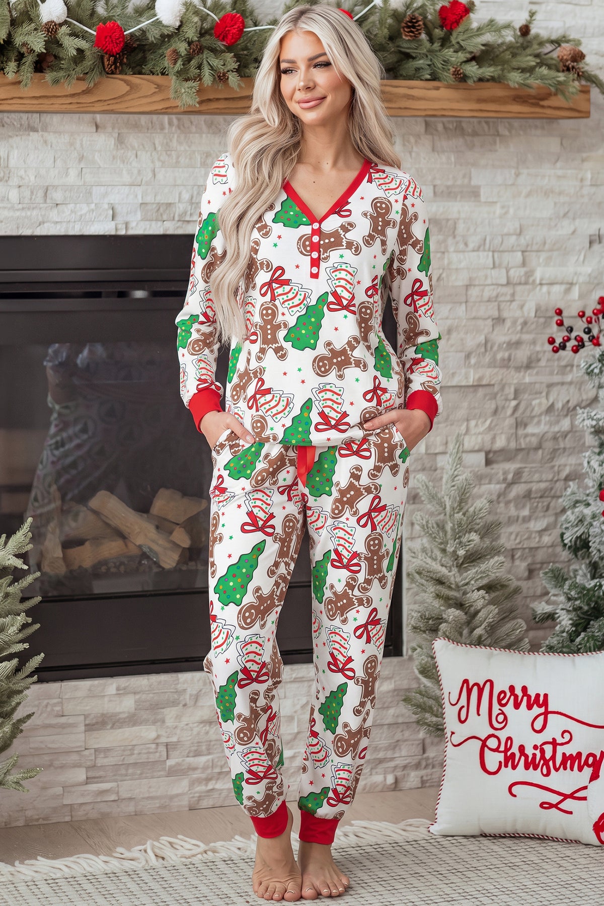 White Christmas Button V Neck Pullover Drawstring Pants Lounge Set