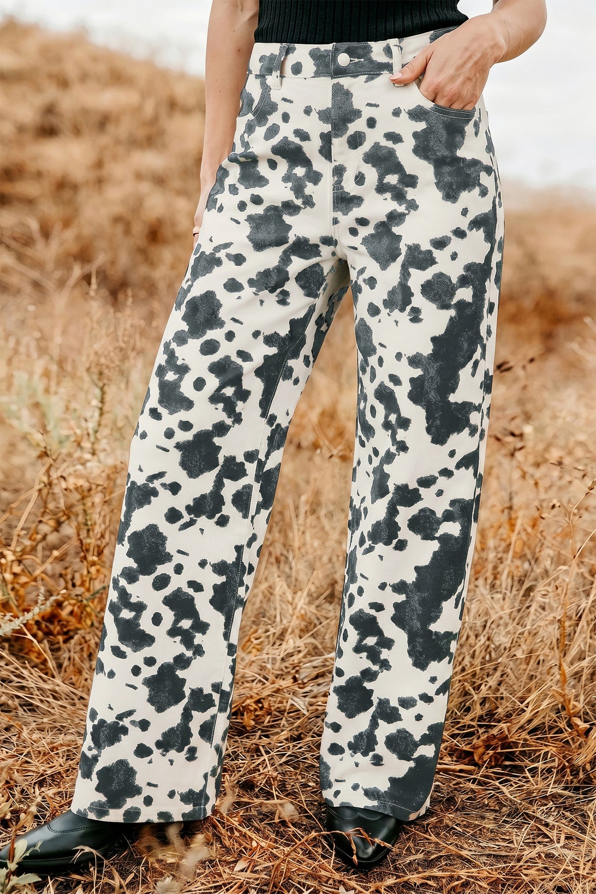 Brown Abstract Print Metal Button Regular Fit Full Length Jeans