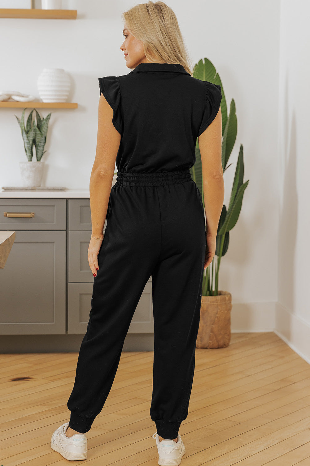 Black Zipper Flutter Sleeve Drawstring Elastic Waistband Jumpsuit
