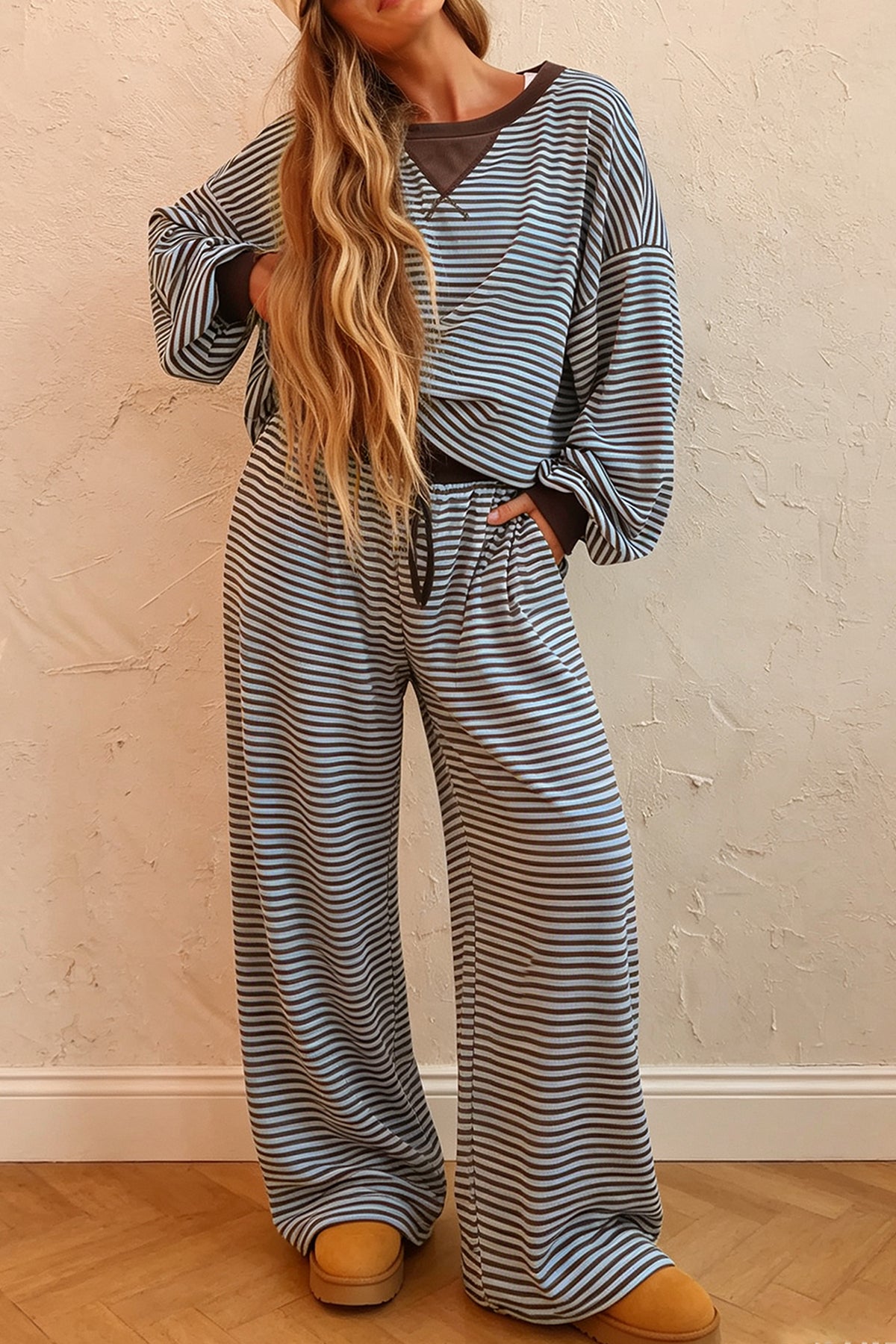 Women's Brown Stripe Drop Shoulder Top & Pants Two-Piece Set