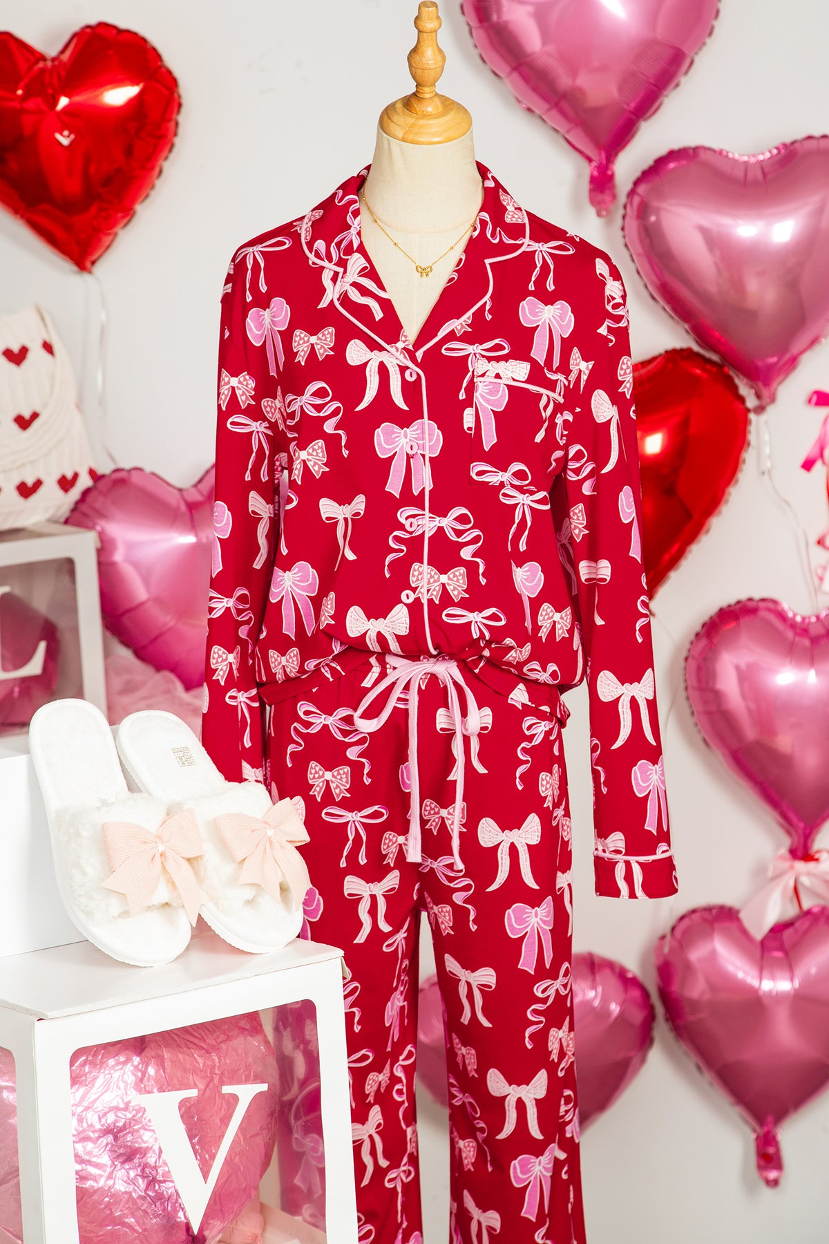 Red Sweet Bow Print Shirt Style Top Long Pajama Set