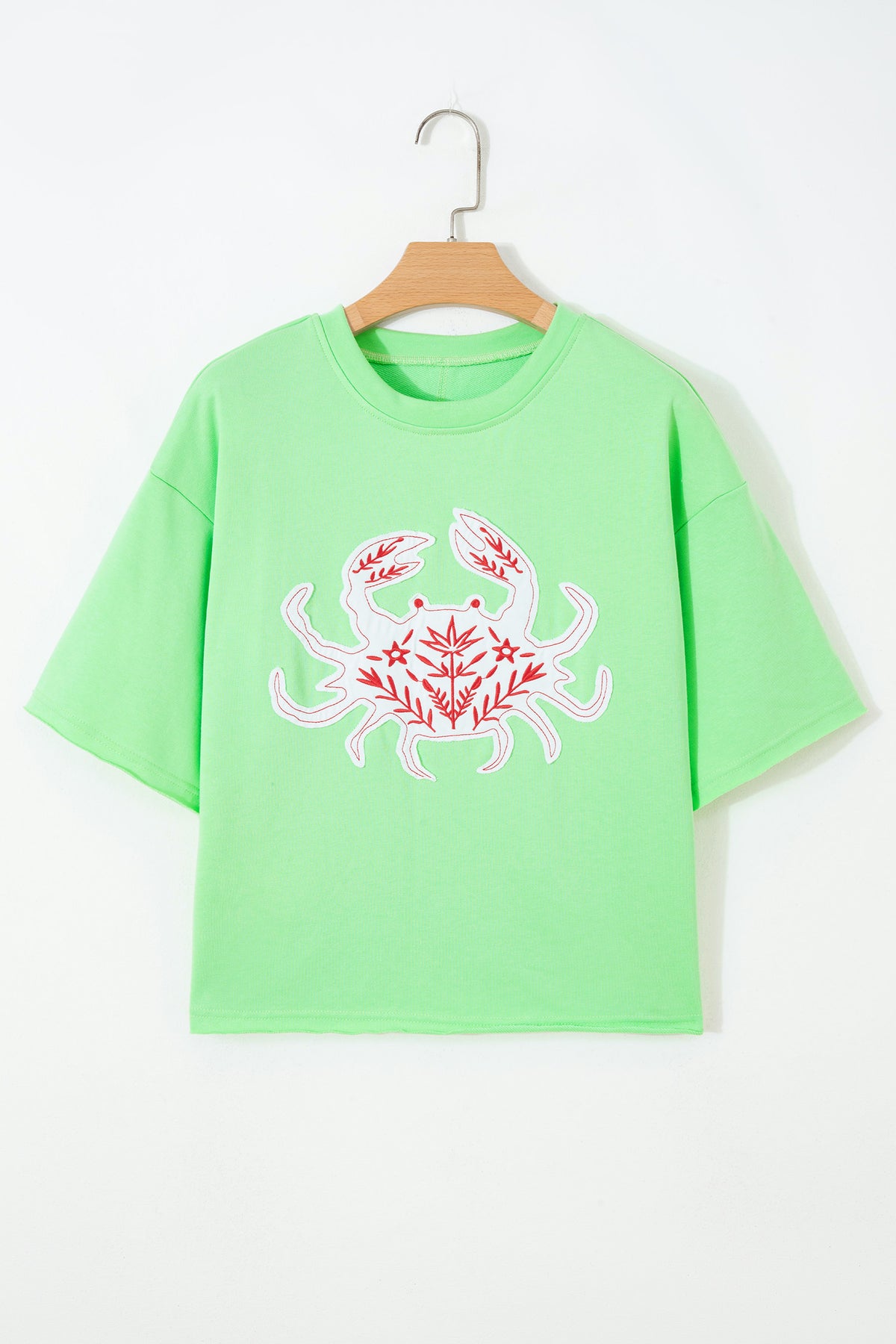 Bright Green Crab Embroidered Patch Round Neck Tee