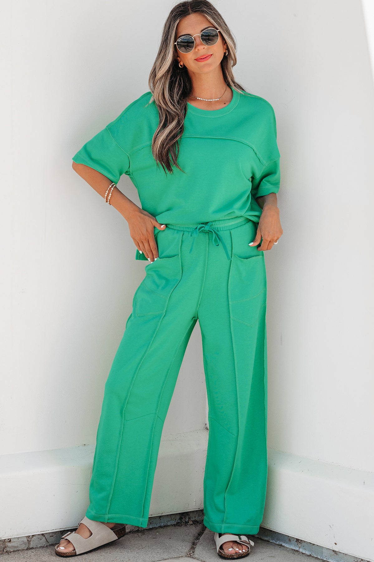 Women's Rose Red Drop Shoulder Boxy Tee and Barrel Pants Set