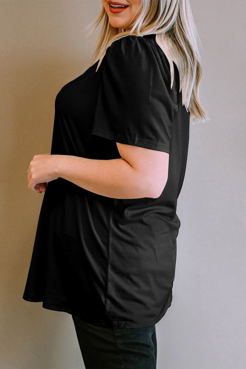 Black Plus Size Square Neck Ruched Shoulder Short-Sleeve Top