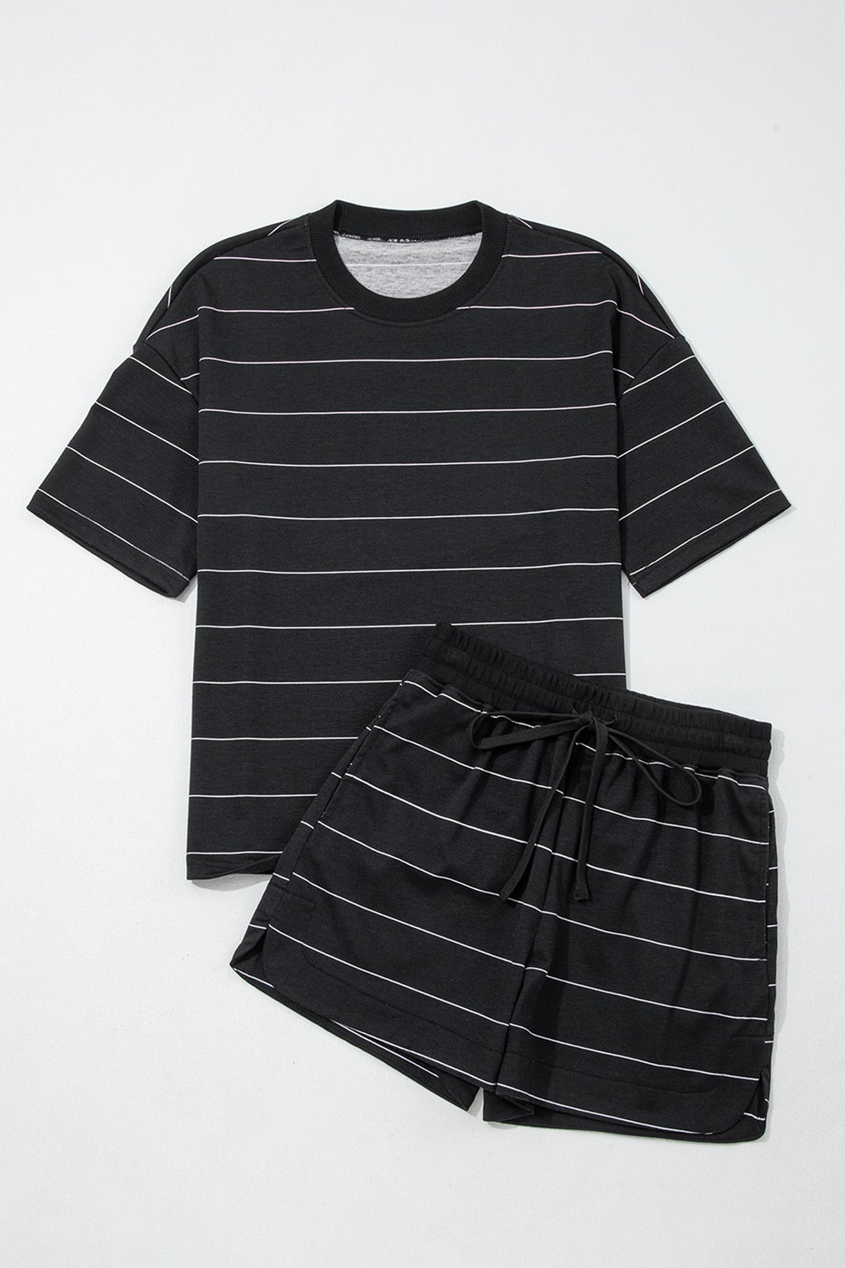 Women's White Stripe Half Sleeve Tee Shorts Two-Piece Set