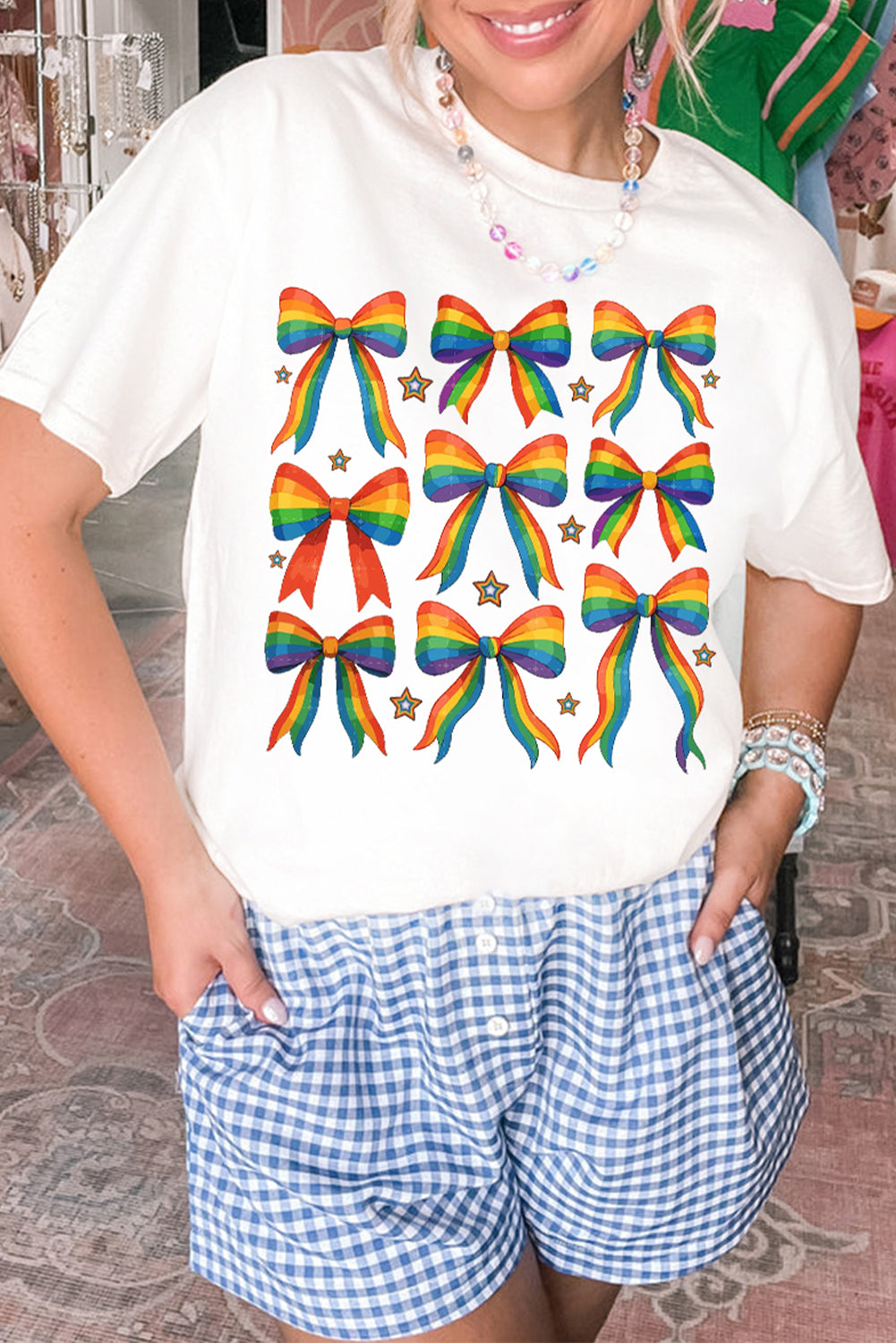 White Pride Bow Starry Print Cotton Blend T-Shirt