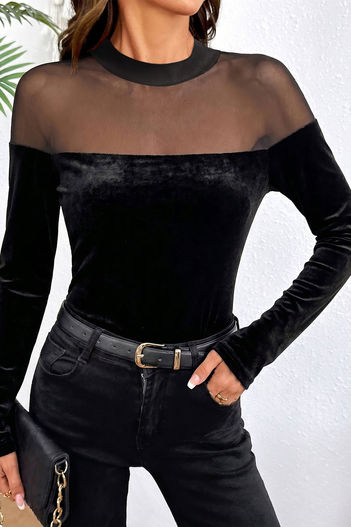 Black Velvet Sheer Neck Patchwork Pullover Top