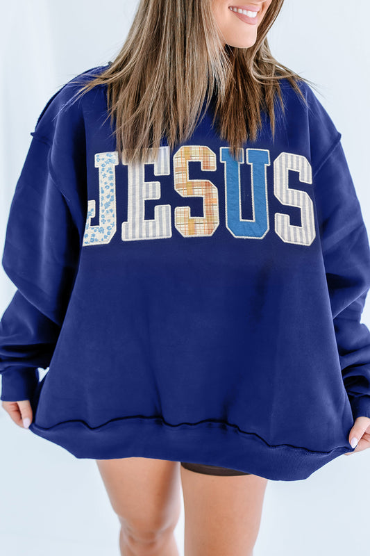 Navy Blue JESUS Mixed Pattern Embroidered Sweatshirt