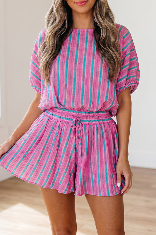 Pink Stripe Dolman Short Sleeve Blouse Drawstring Short Set