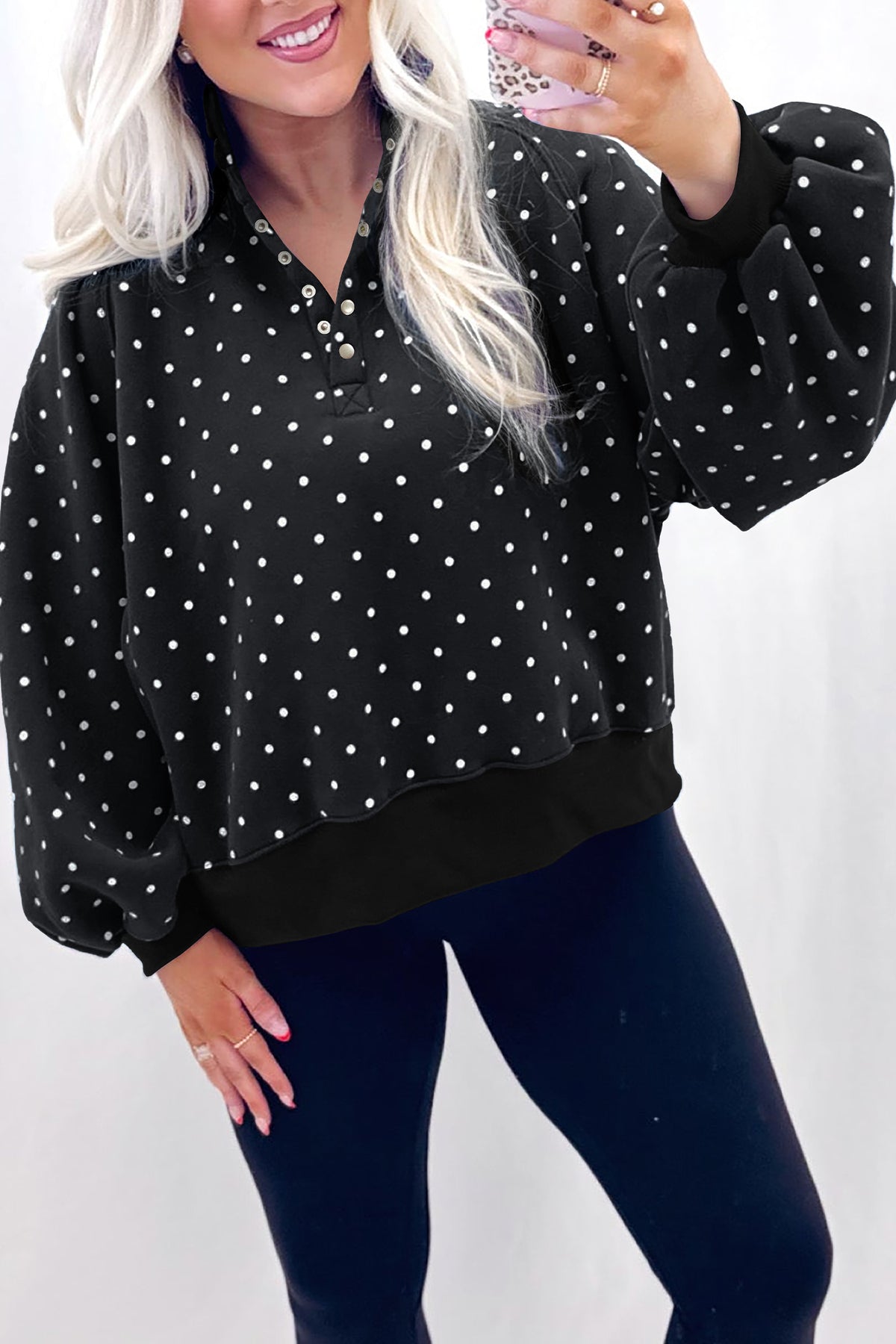 Black Polka Dot Print Metal Button Collar Sweatshirt