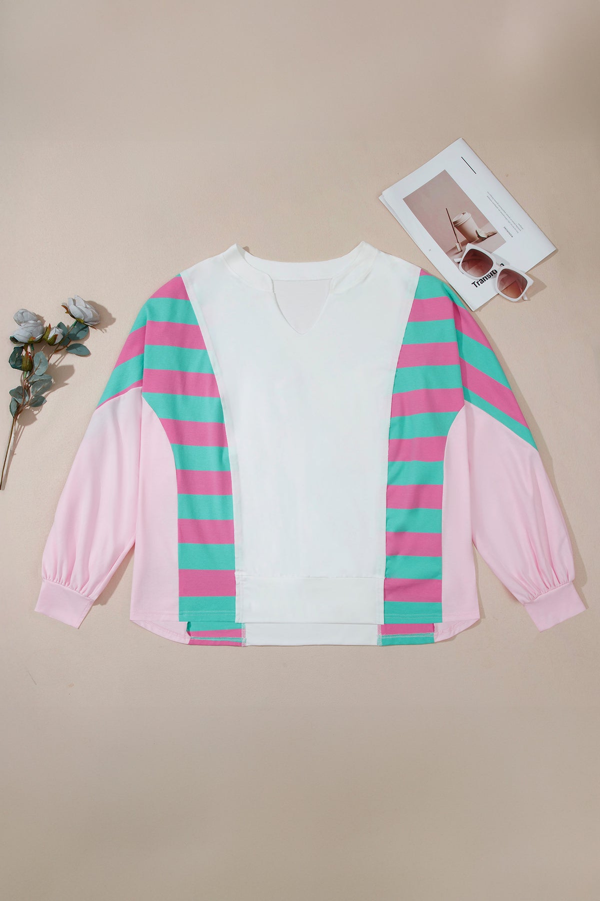 White Striped Color-Block V-Neck Shift Long-Sleeve Plus Size Blouse