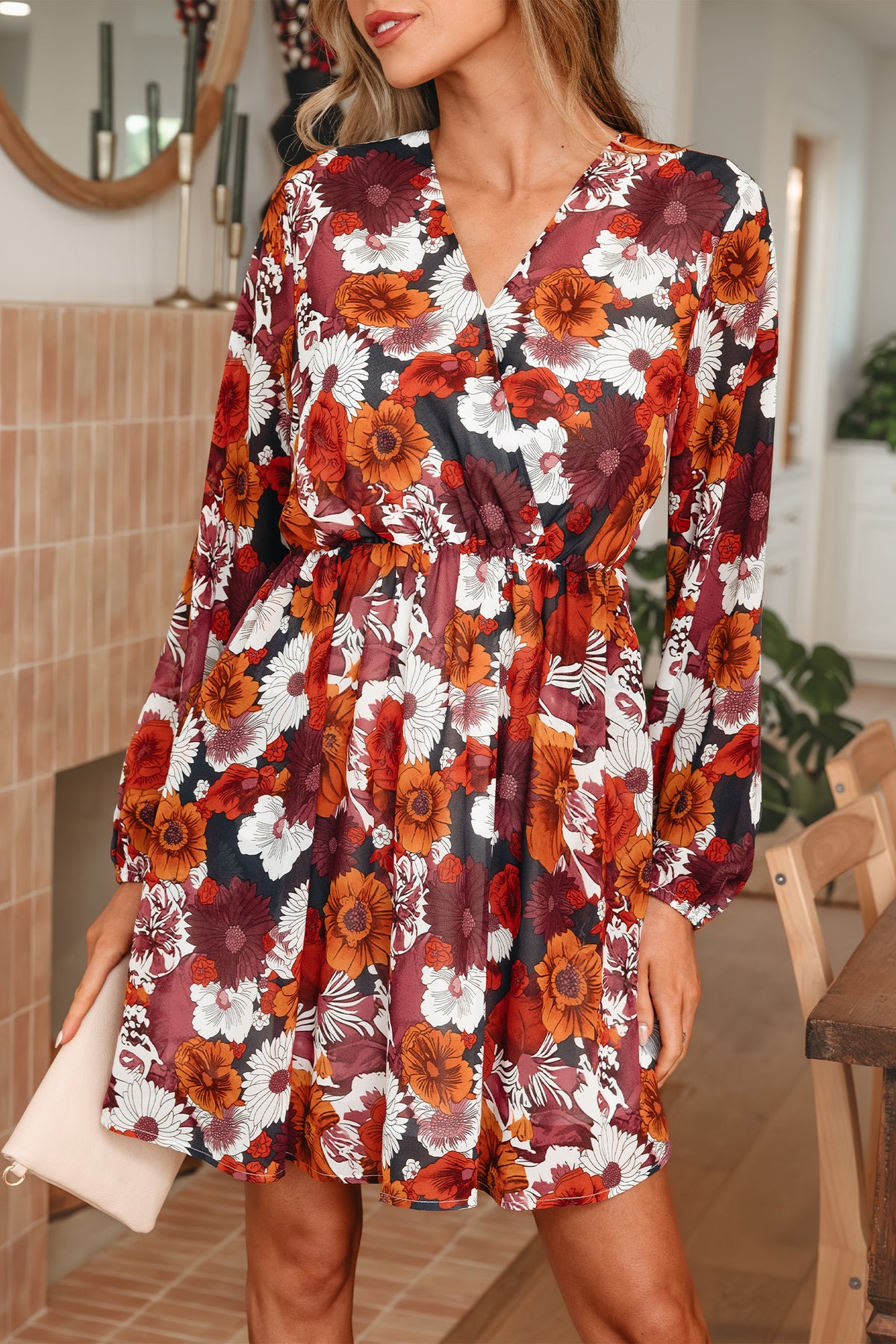 Red Floral Print Wrap V Neck Puff Sleeve Flowy Mini Dress
