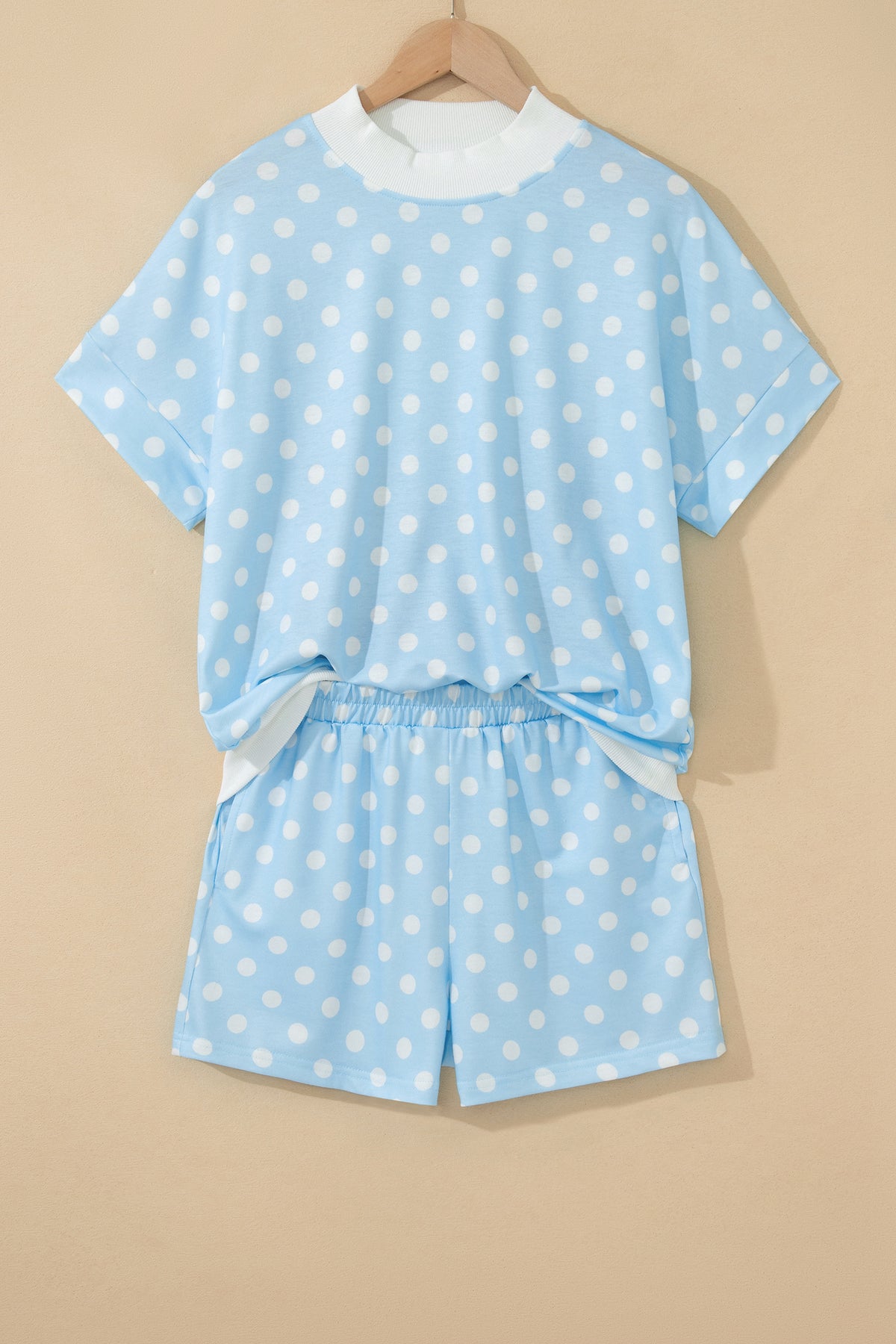 Women's Pink Polka Dot Print Color Block Trim Mock Neck Shorts Two-Piece Set