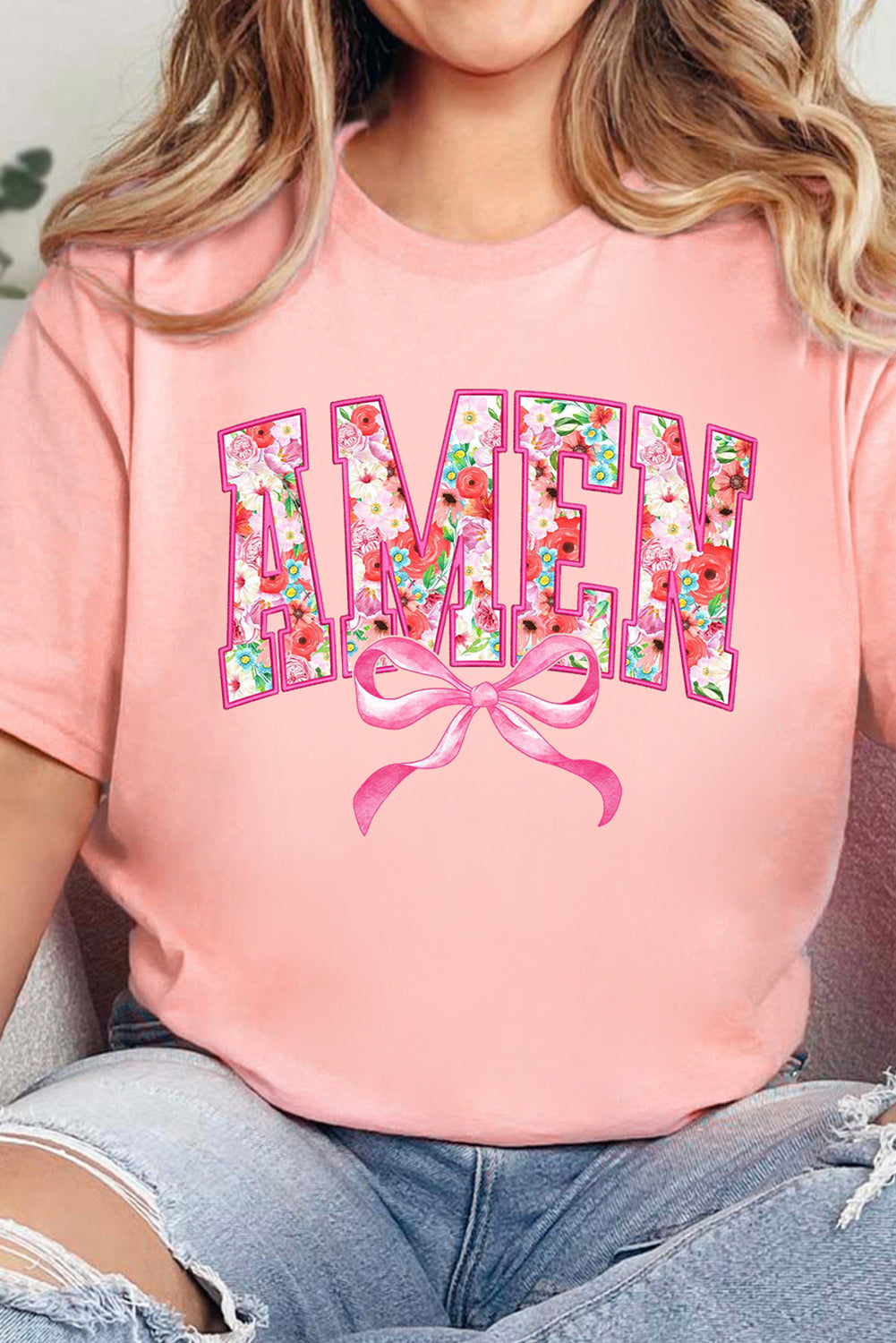 Pink Floral AMEN Bow Graphic Crewneck T-Shirt
