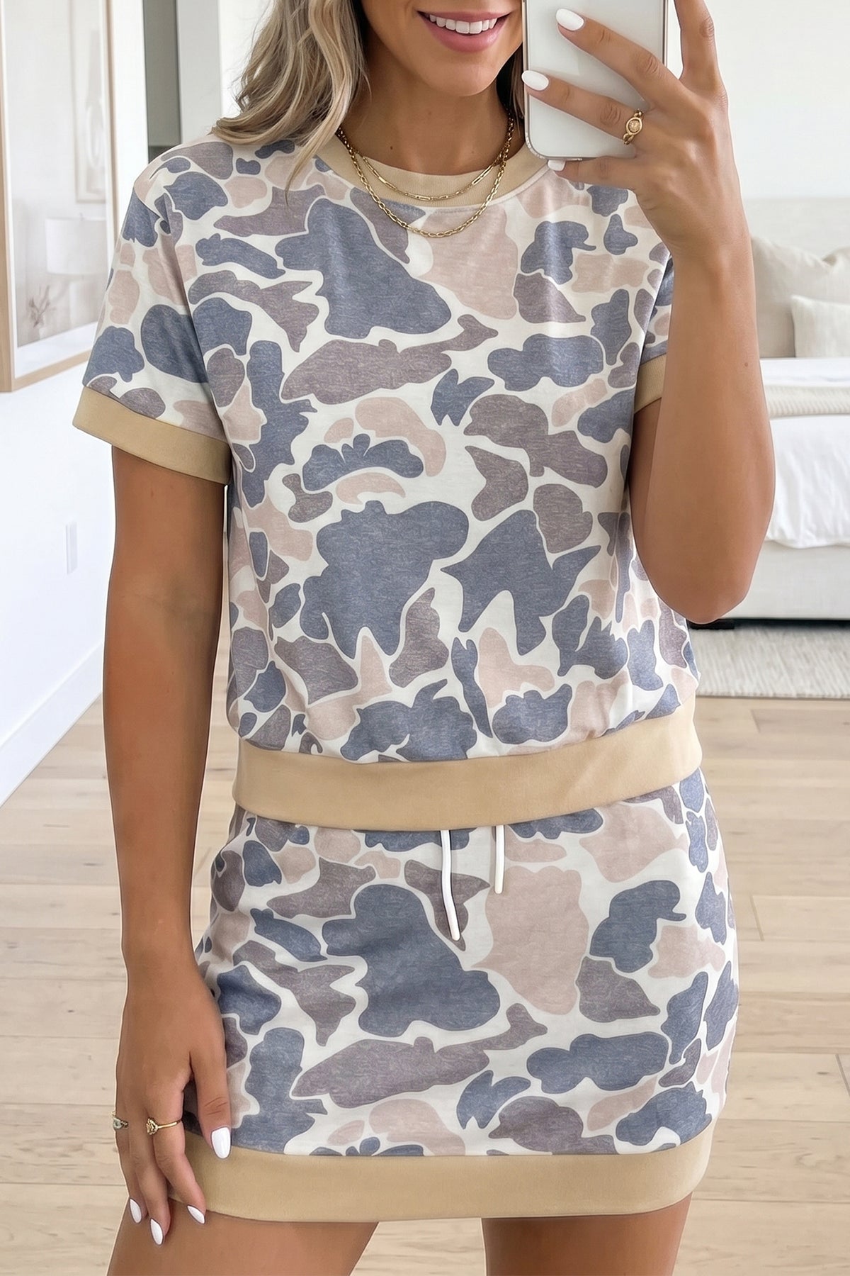 Women's Multicolour Retro Camouflage Color Block Trim Skort Two-Piece Outfit Set