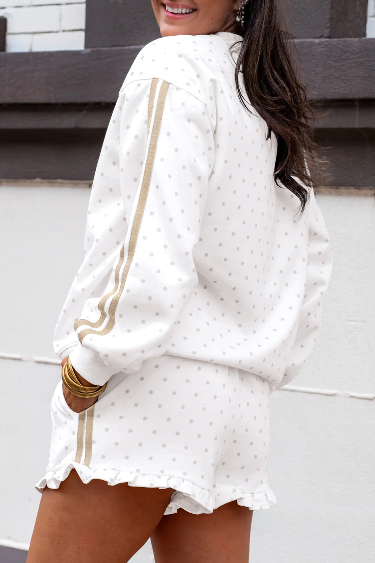 Women's White Polka Dot Print Side Stripe Detail Casual Sweatshirt Two-Piece Shorts Set