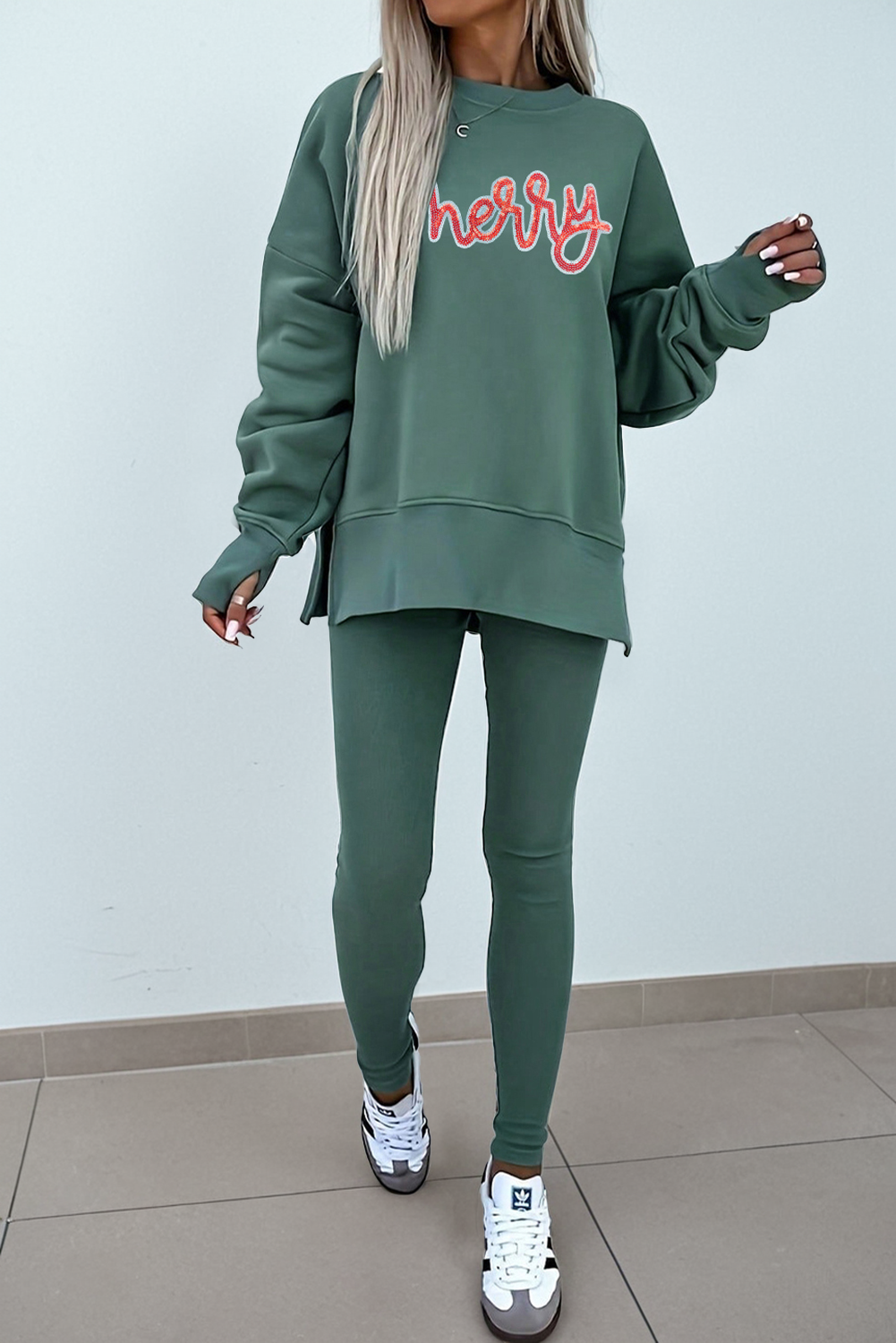 Green Bay Sequin Merry Letter Graphic Sweatshirt and Leggings 2pcs Outfit