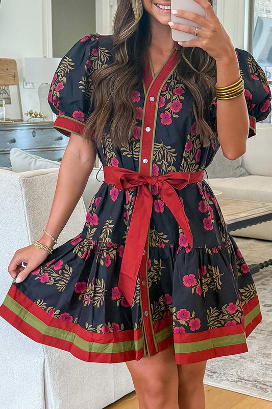 Black Retro Floral Print Button Down Belted Short Puff Sleeve Mini Dress
