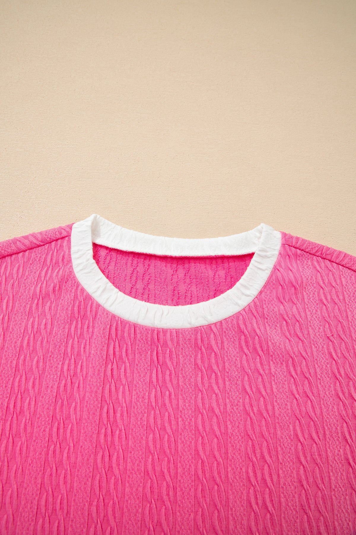 Bright Pink Textured Color Block Trim Loose Tee Drawstring Shorts 2pcs Set