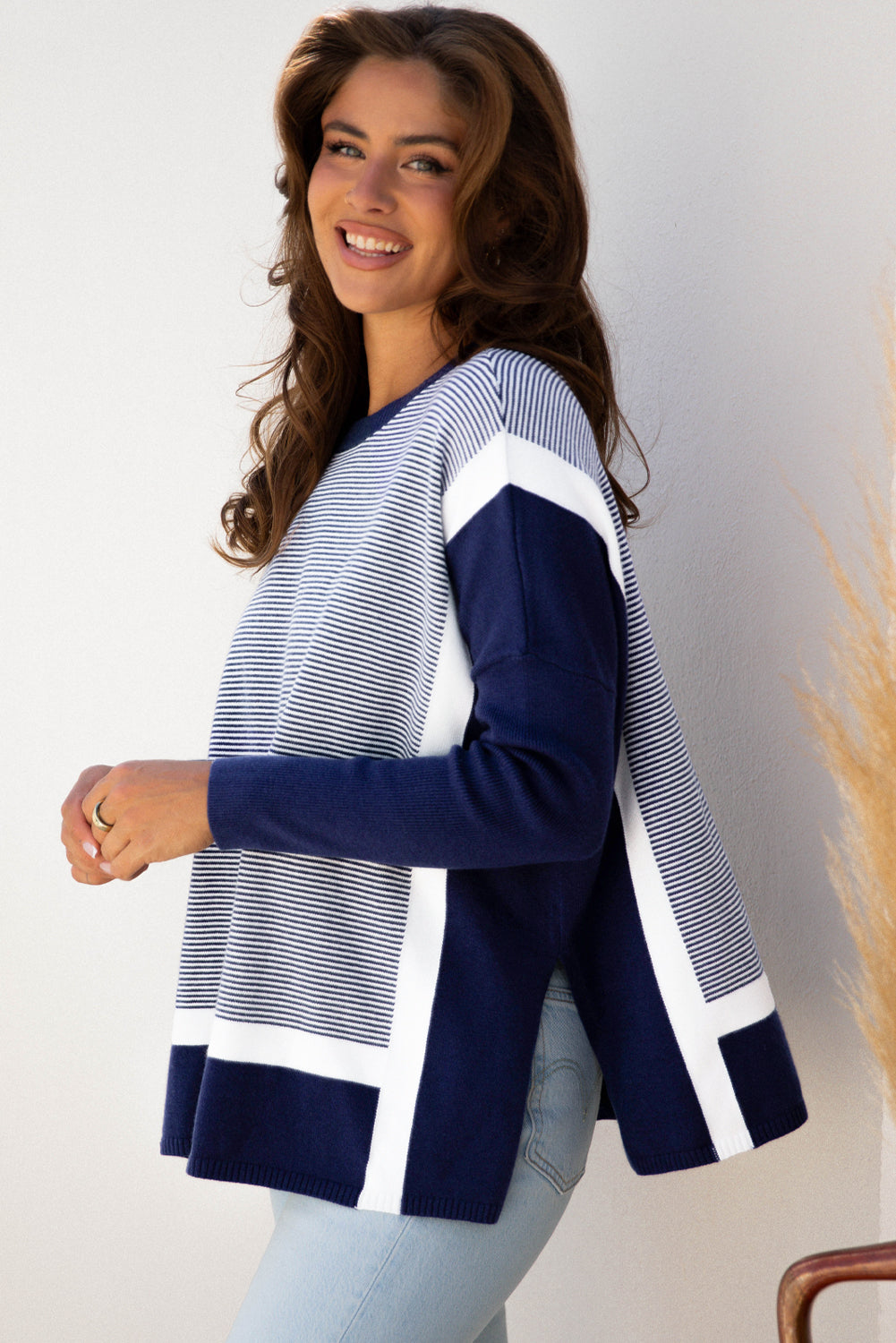 Green Stripe Color Block Patchwork Dolman Oversize Tunic Sweater