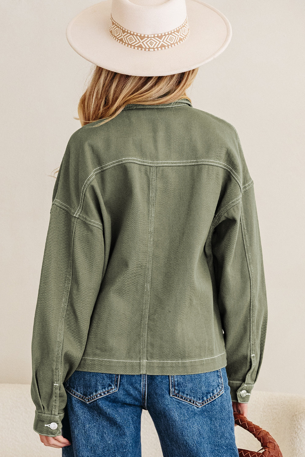 Smoke Green Patched Pocket Collared Boyfriend Denim Jacket