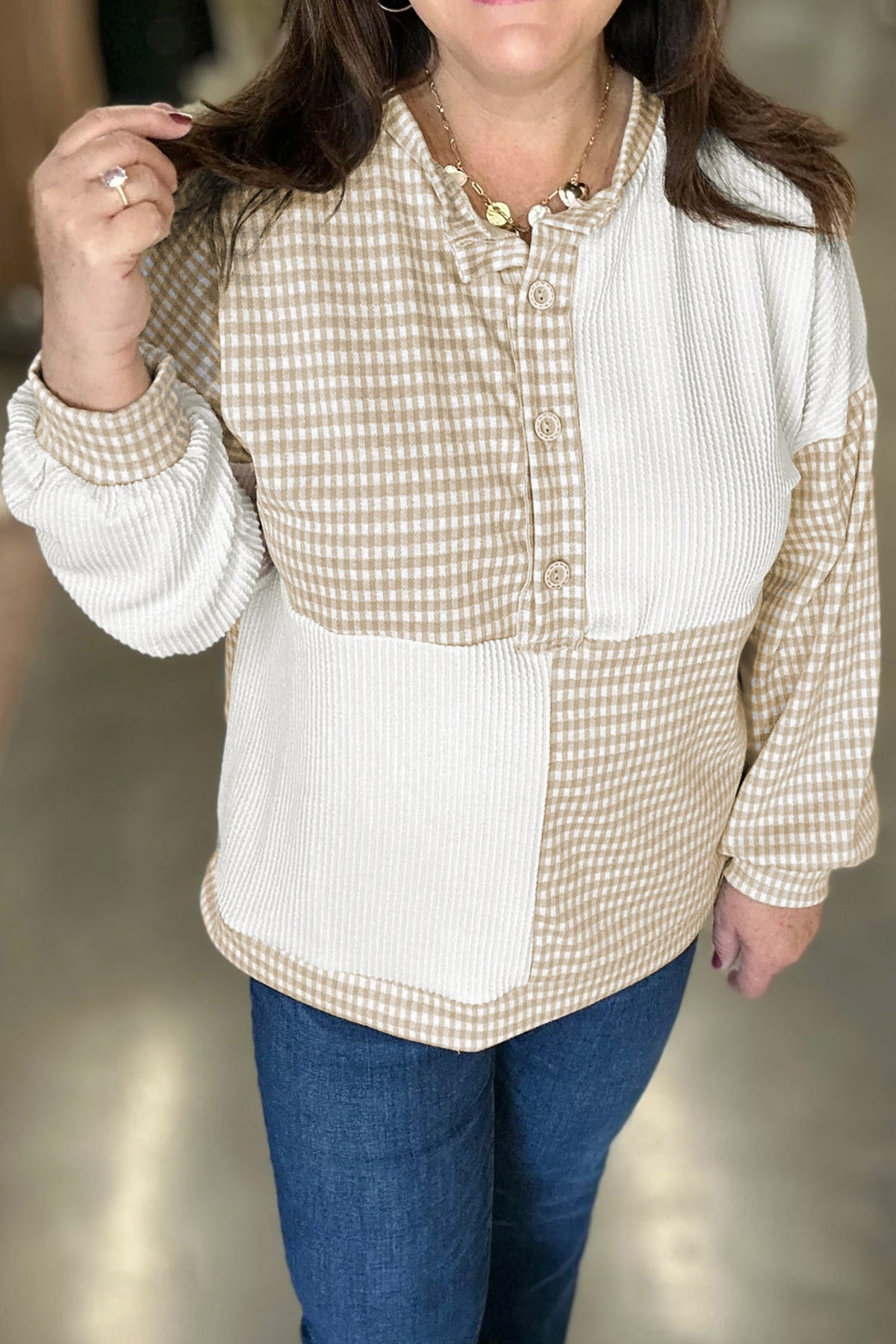 Khaki Patchwork Checkered Long-Sleeve Round-Neck Plus Size Blouse