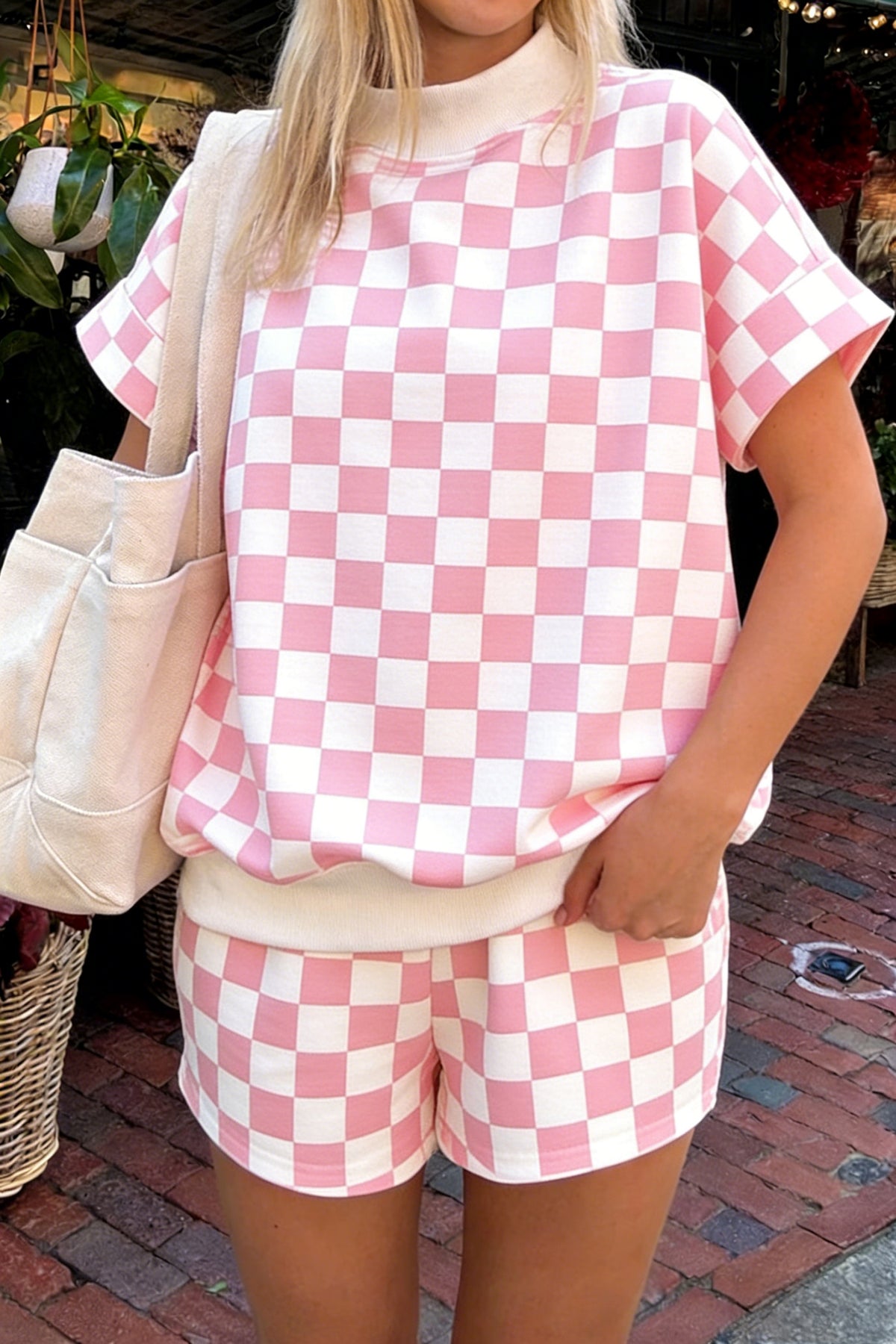 Women's Pink Checkered Print Color Block Trim Mock Neck Shorts Two-Piece Set