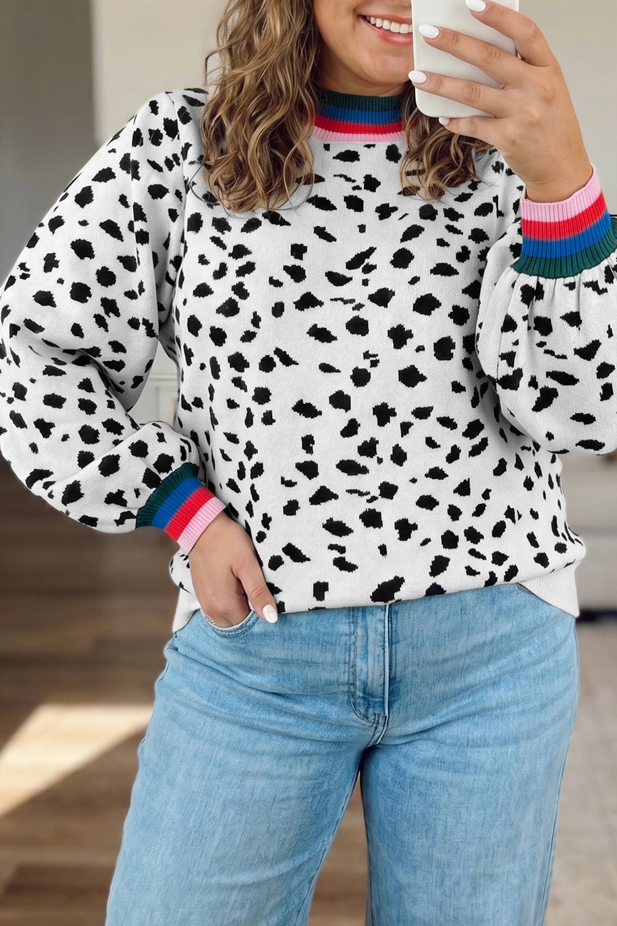 White Leopard Print Color-Block Round-Neck Long-Sleeve Tunic Plus Size Sweater