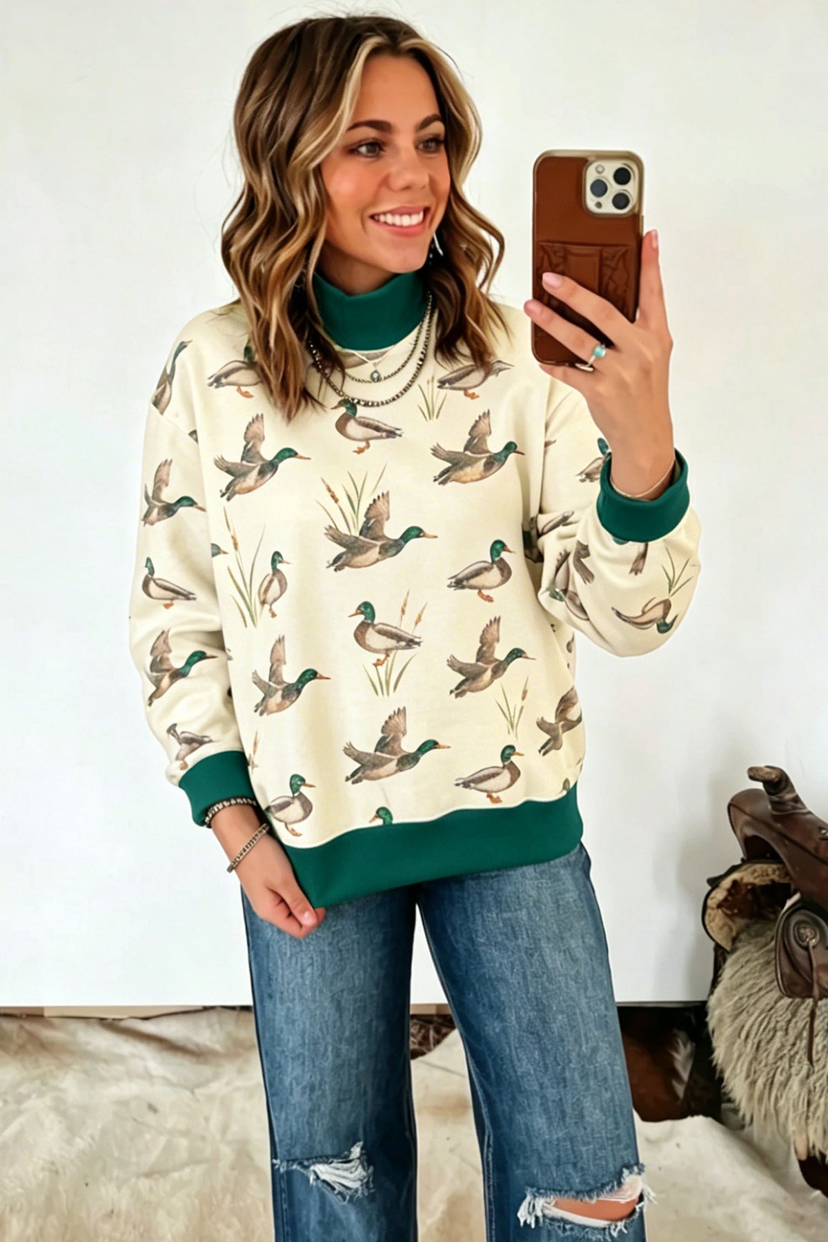 Multicolour Mallard Print Colorblock High Neck Sweatshirt