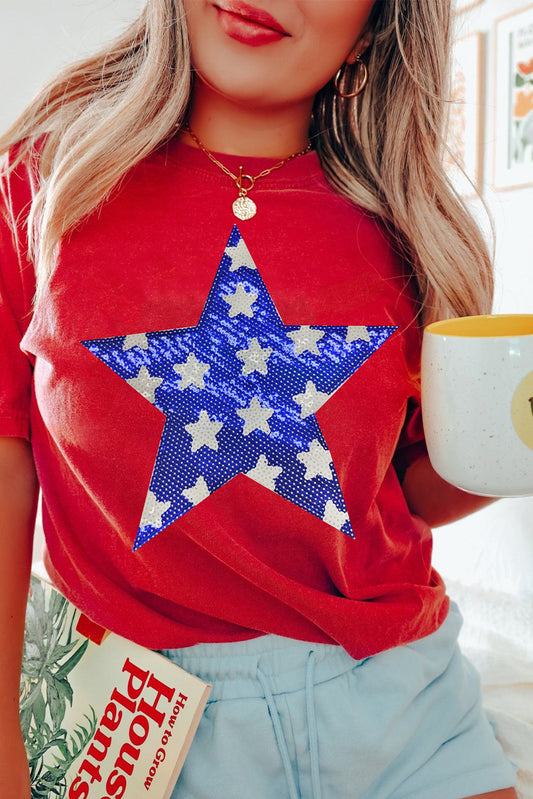Red Sequin Star Graphic Crewneck T-Shirt