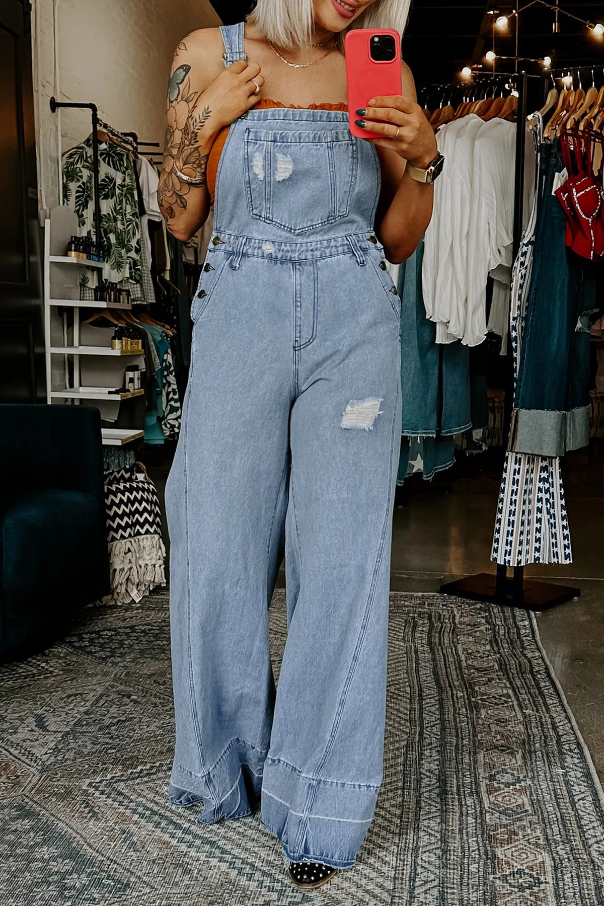 Mist Blue Retro Distressed Button Adjustable Straps Denim Jumpsuit