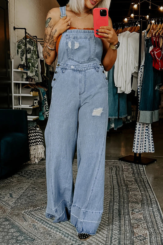 Mist Blue Retro Distressed Button Adjustable Straps Denim Jumpsuit