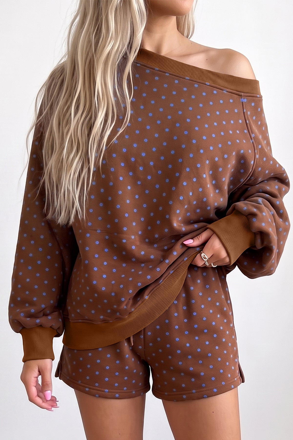 Brown Polka Dot Relaxed Top and Drawstring Shorts Set