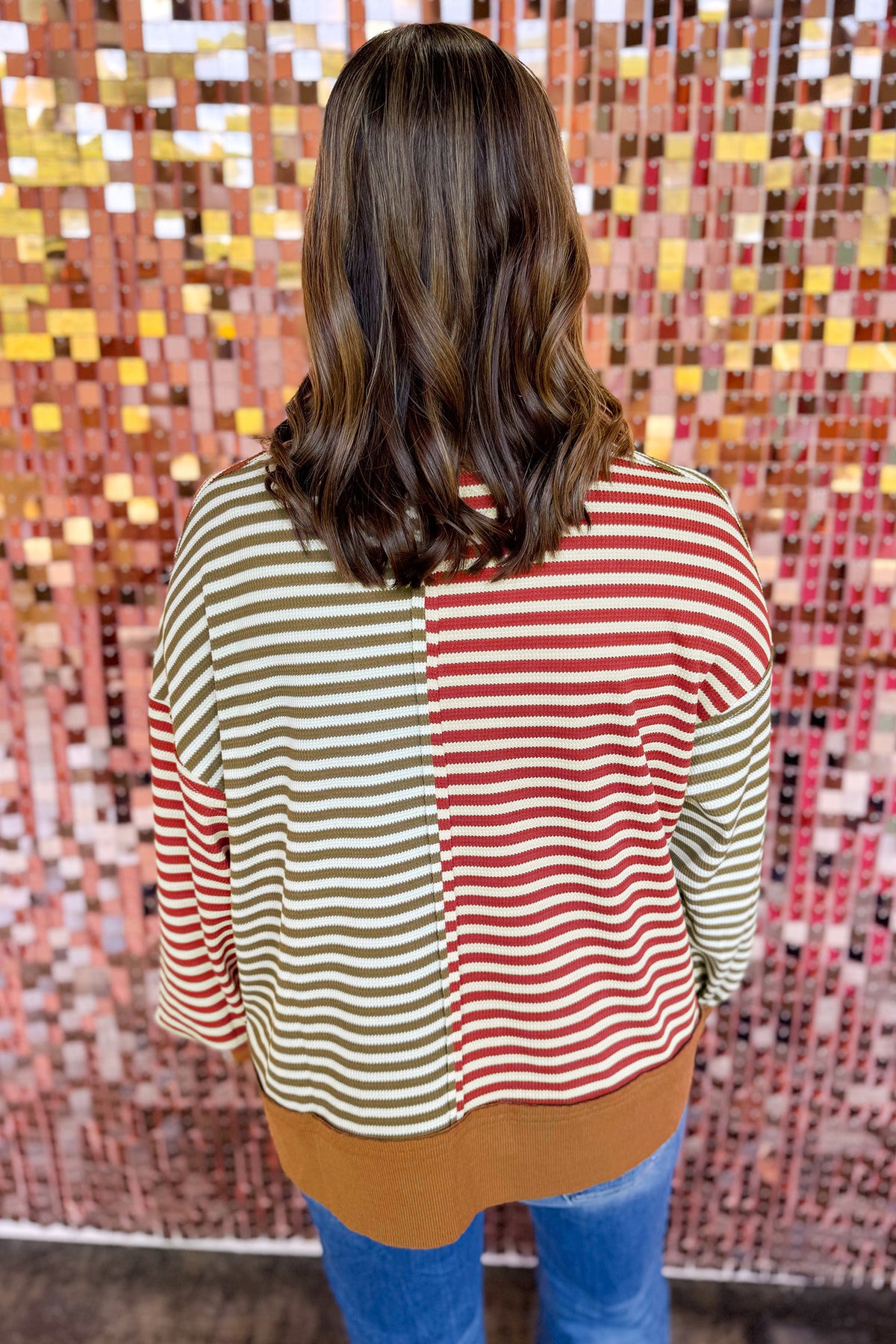 Brown Stripe Striped Color-Block V-Neck Oversized Long-Sleeve Plus Size Blouse