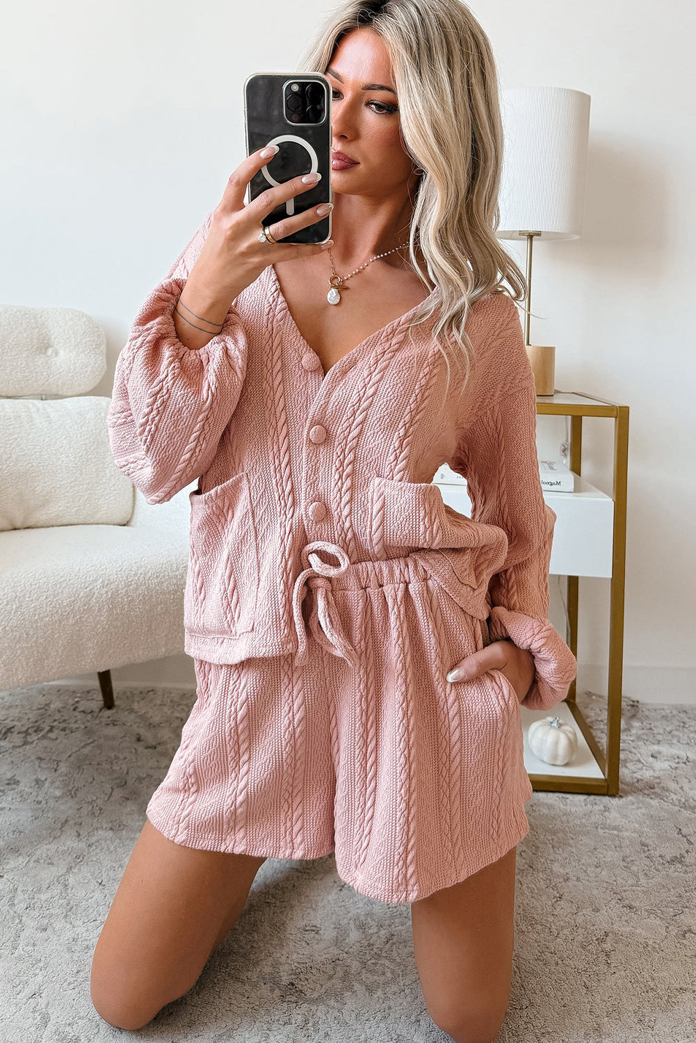 Women's Gossamer Pink Cable Knit V-Neck Cardigan Shorts Set