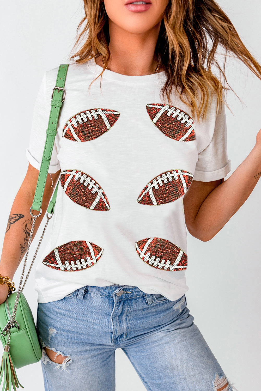 White Sequined Rugby Football Graphic Cotton T-Shirt
