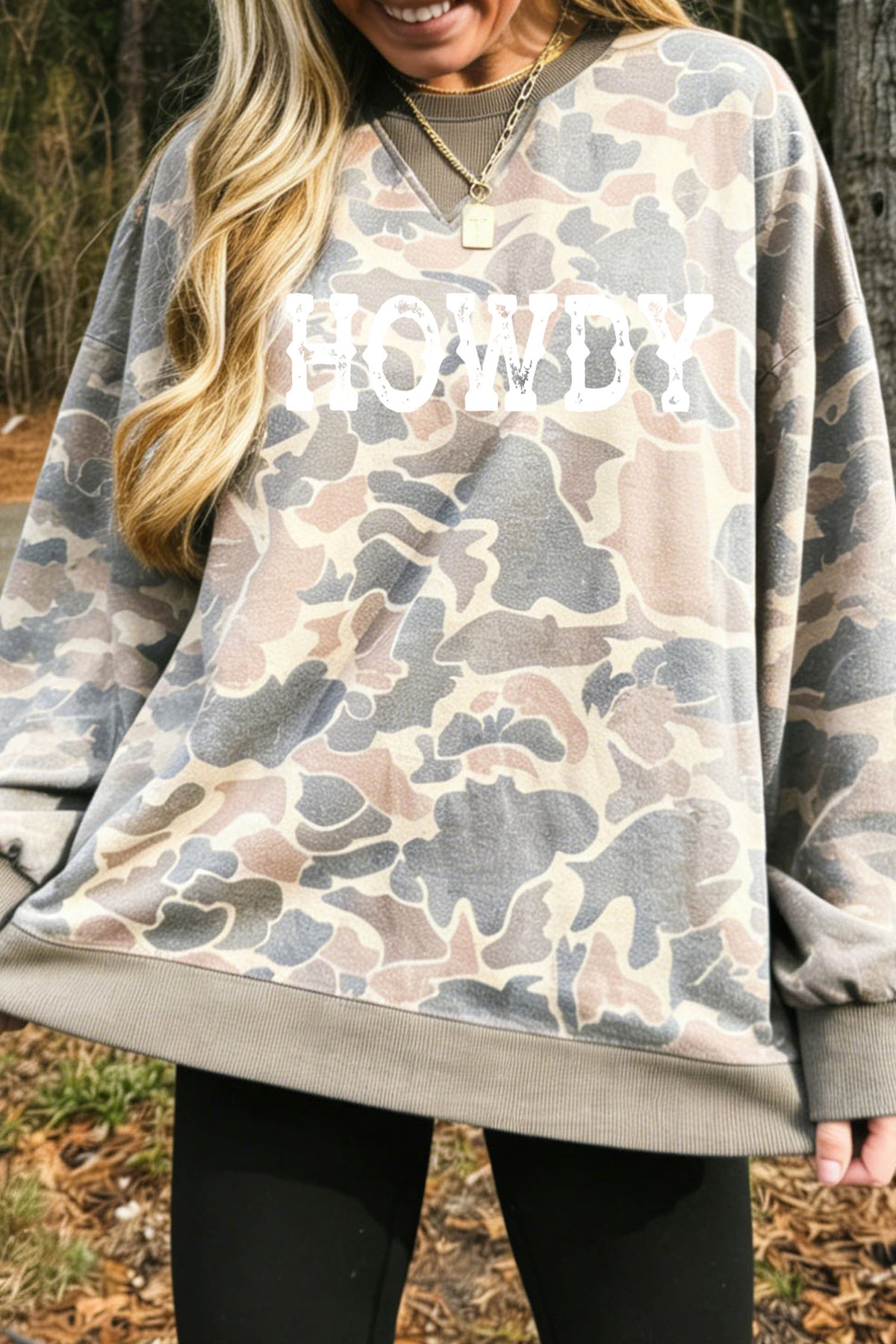 Multicolour HOWDY Graphic Camo Print Tunic Sweatshirt