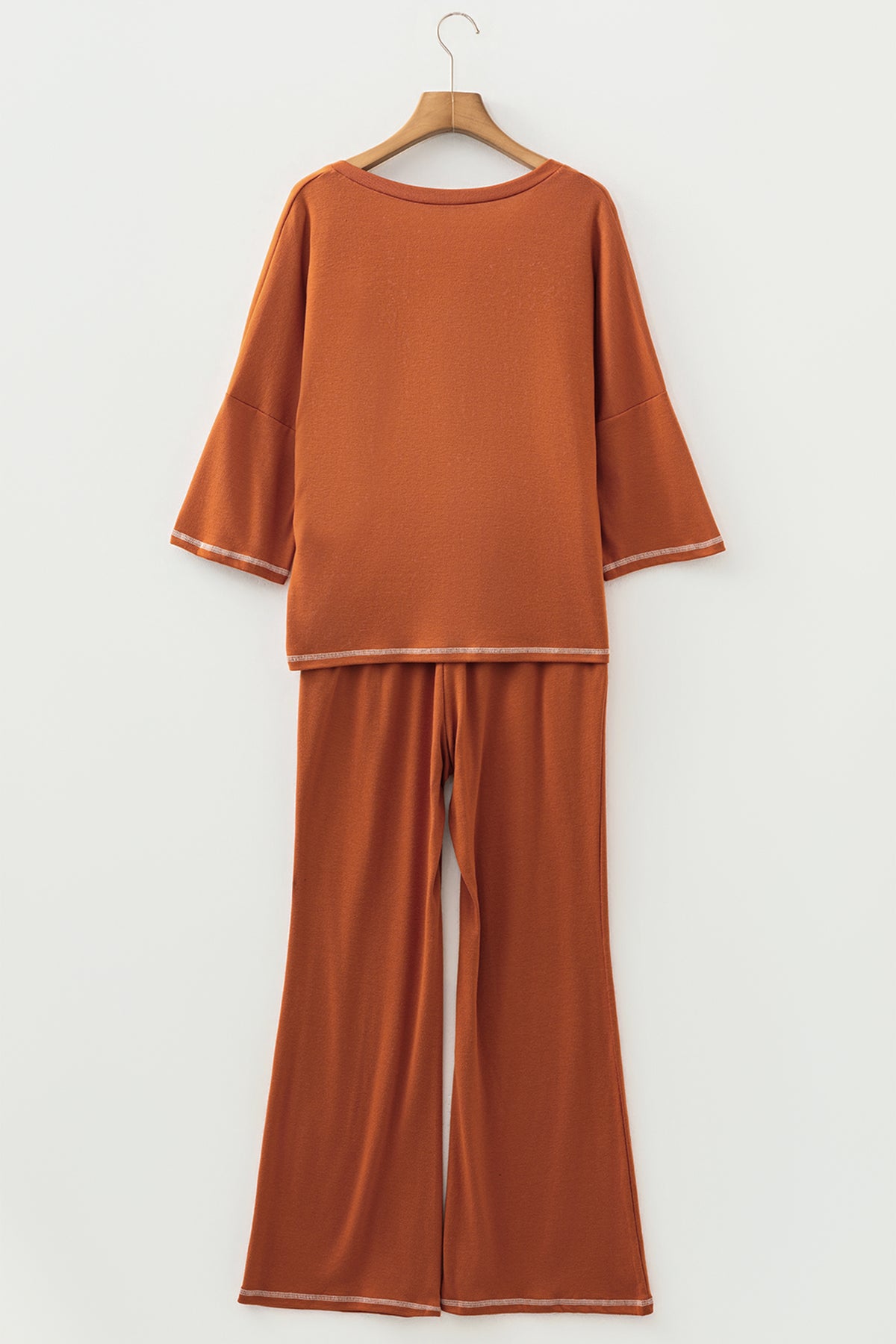 Women's Grapefruit Orange Contrast Stitching Buttoned V-Neck Half Sleeve Top & Flare Pants Set