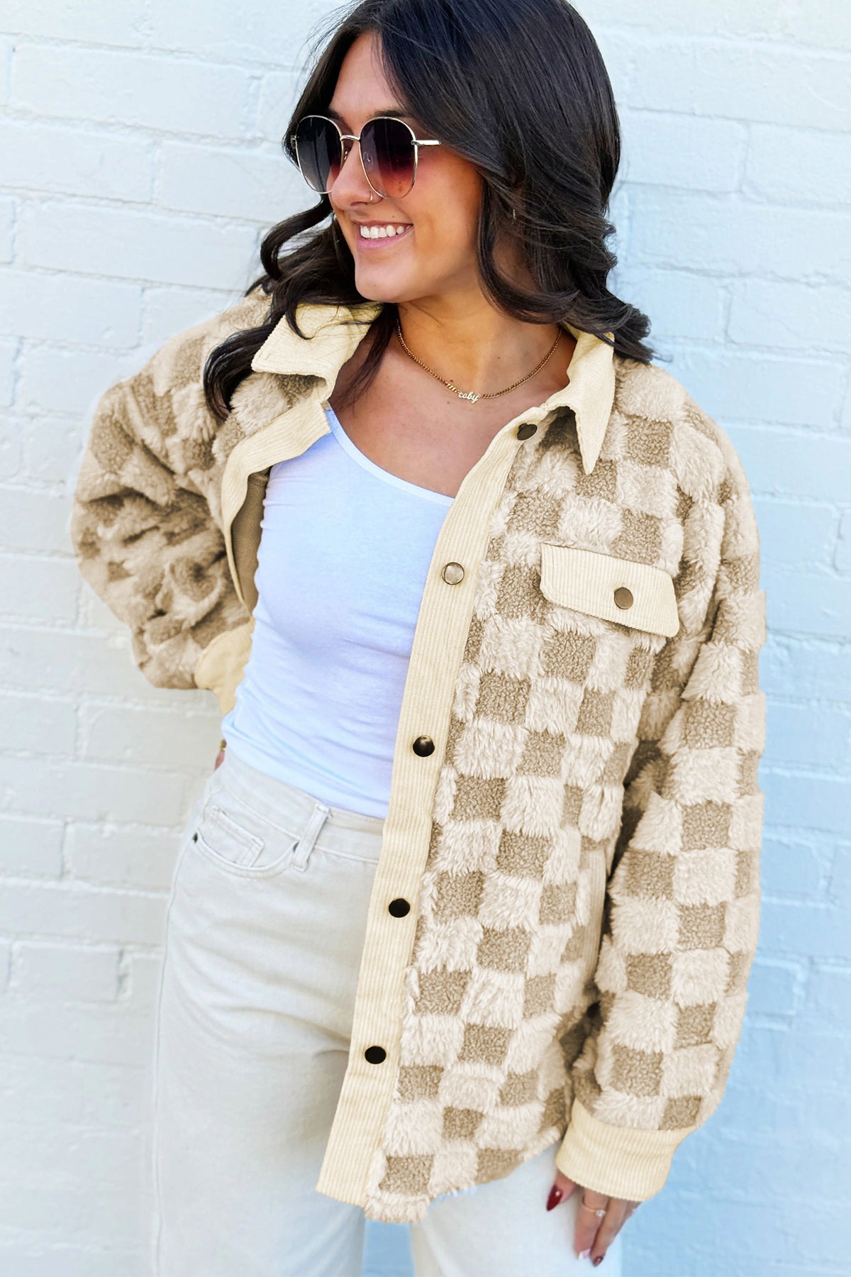 Khaki Plush Checkered Corduroy Trim Metal Button Long Sleeve Shacket